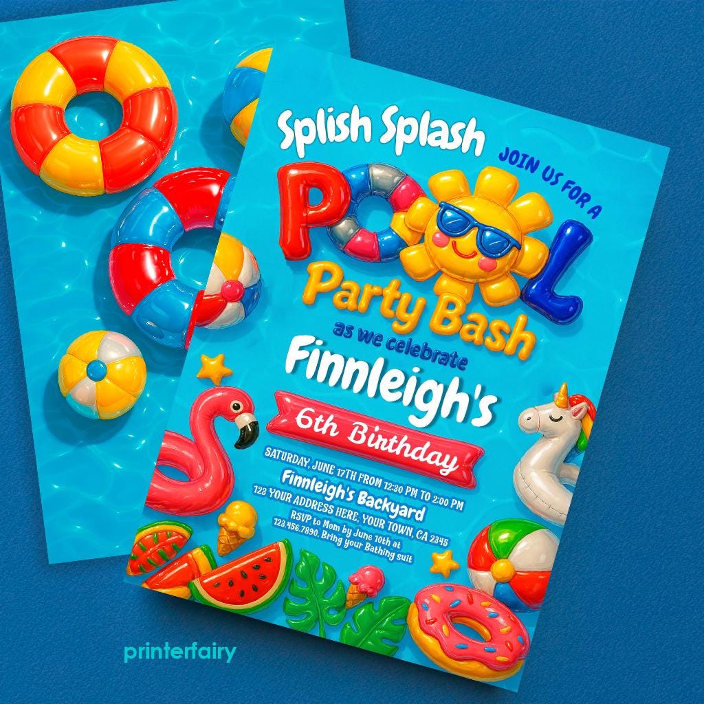 Pool Party Birthday Invitation, Splish Splash, Editable Template (Digital Download)