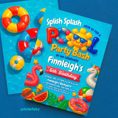 Pool Party Birthday Invitation, Splish Splash, Editable Template (Digital Download)