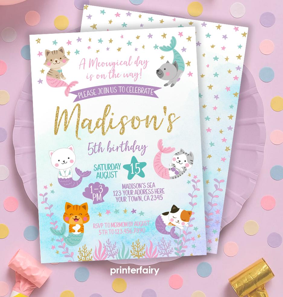 Meowmaid Birthday Invitation, Editable Mercat Kitty Party (Digital Download)