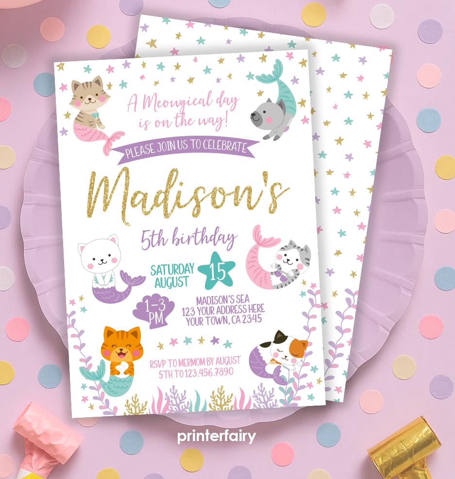 Editable Mercat Birthday Invitation, Meowmaid Kitty Party (Digital Download)