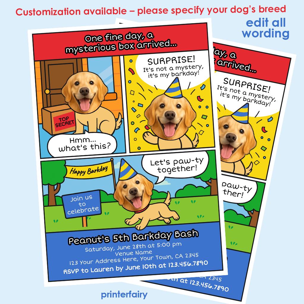 Personalized Comic Dog Birthday Invitation, Pawty Invite (Digital)