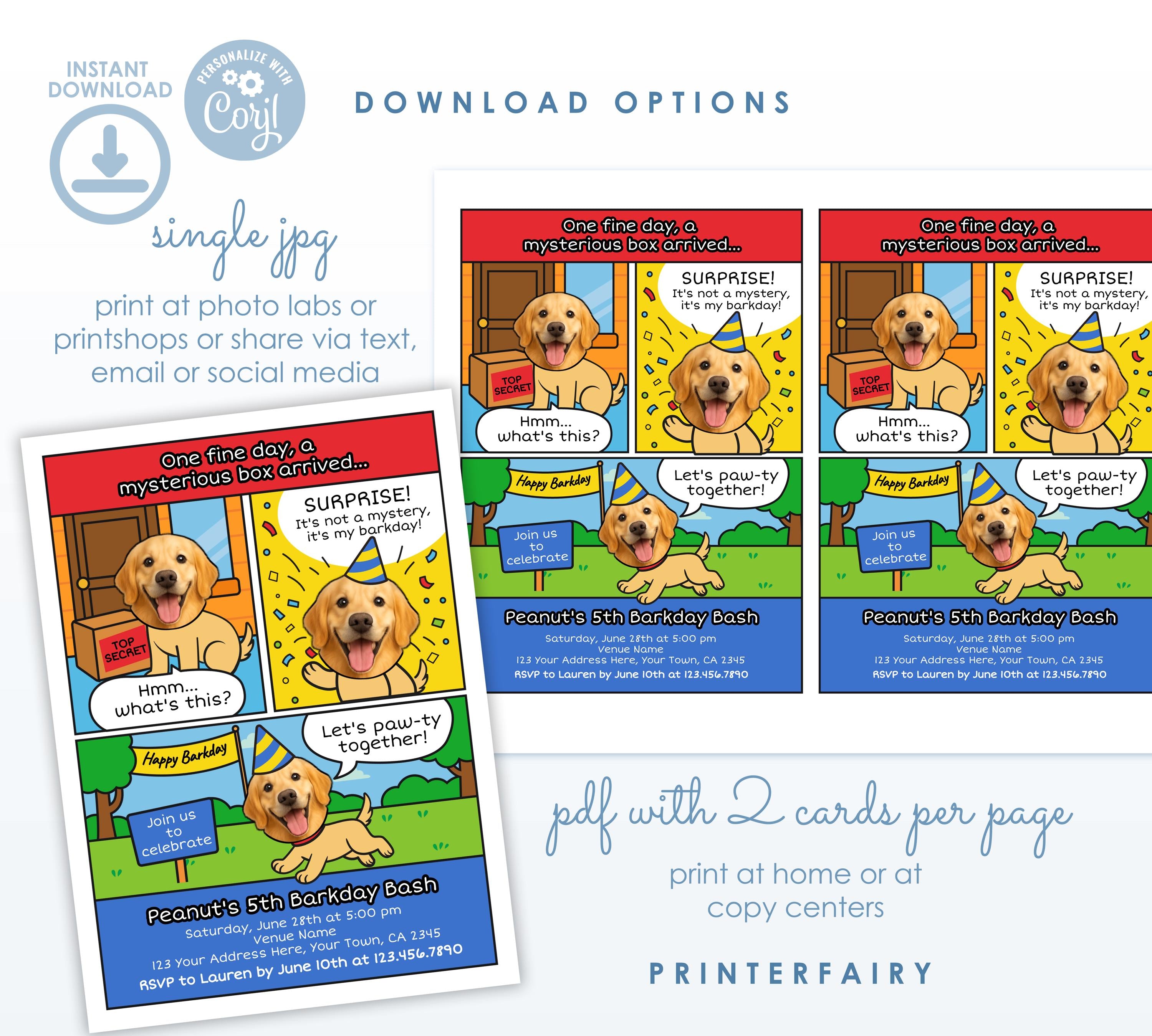 Personalized Comic Dog Birthday Invitation, Pawty Invite (Digital)