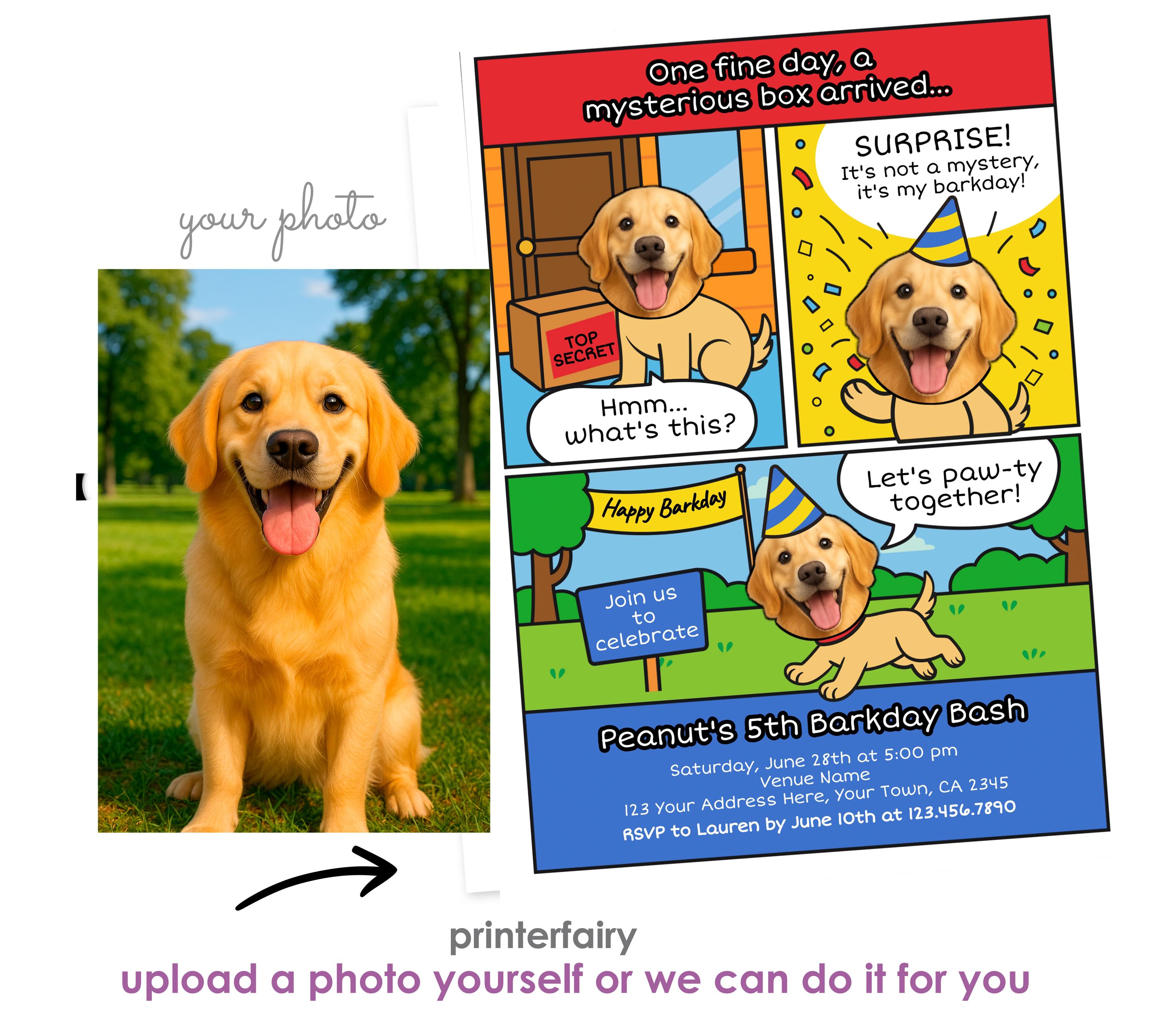 Personalized Comic Dog Birthday Invitation, Pawty Invite (Digital)