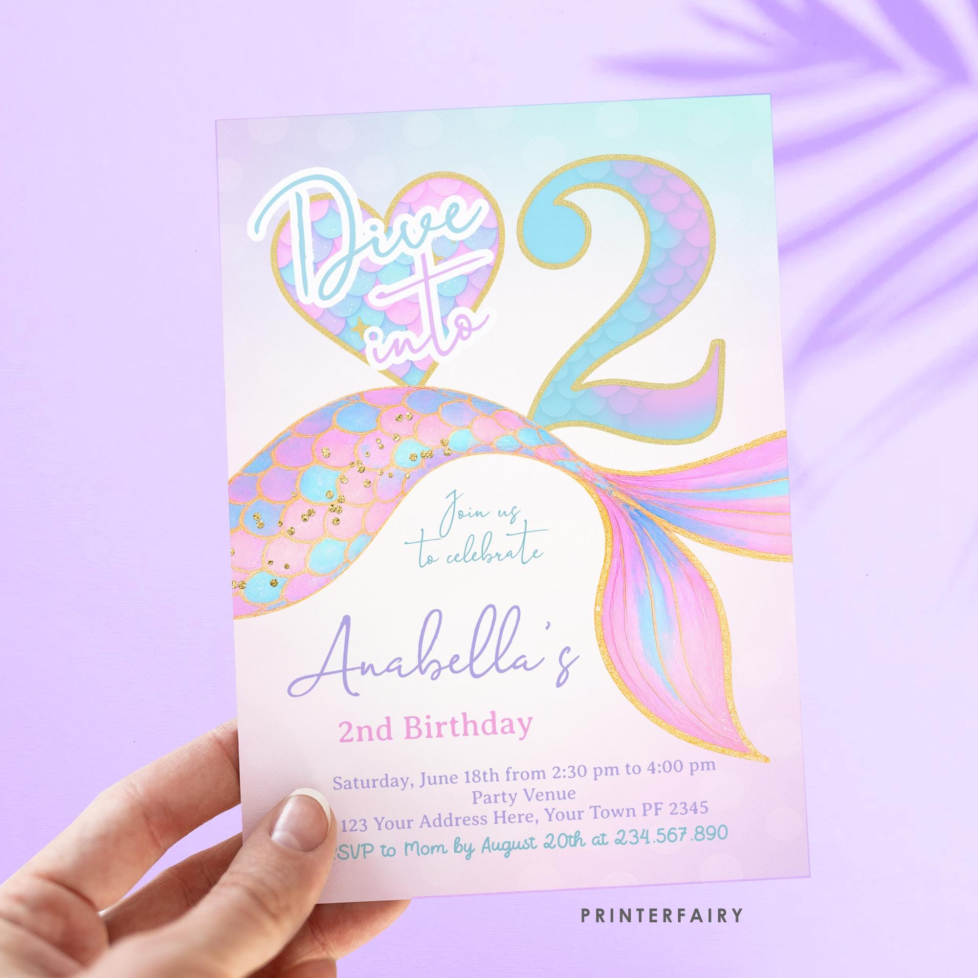 Mermaid 2nd Birthday Invitation, Under the Sea Party (Editable Template, Digital Download)
