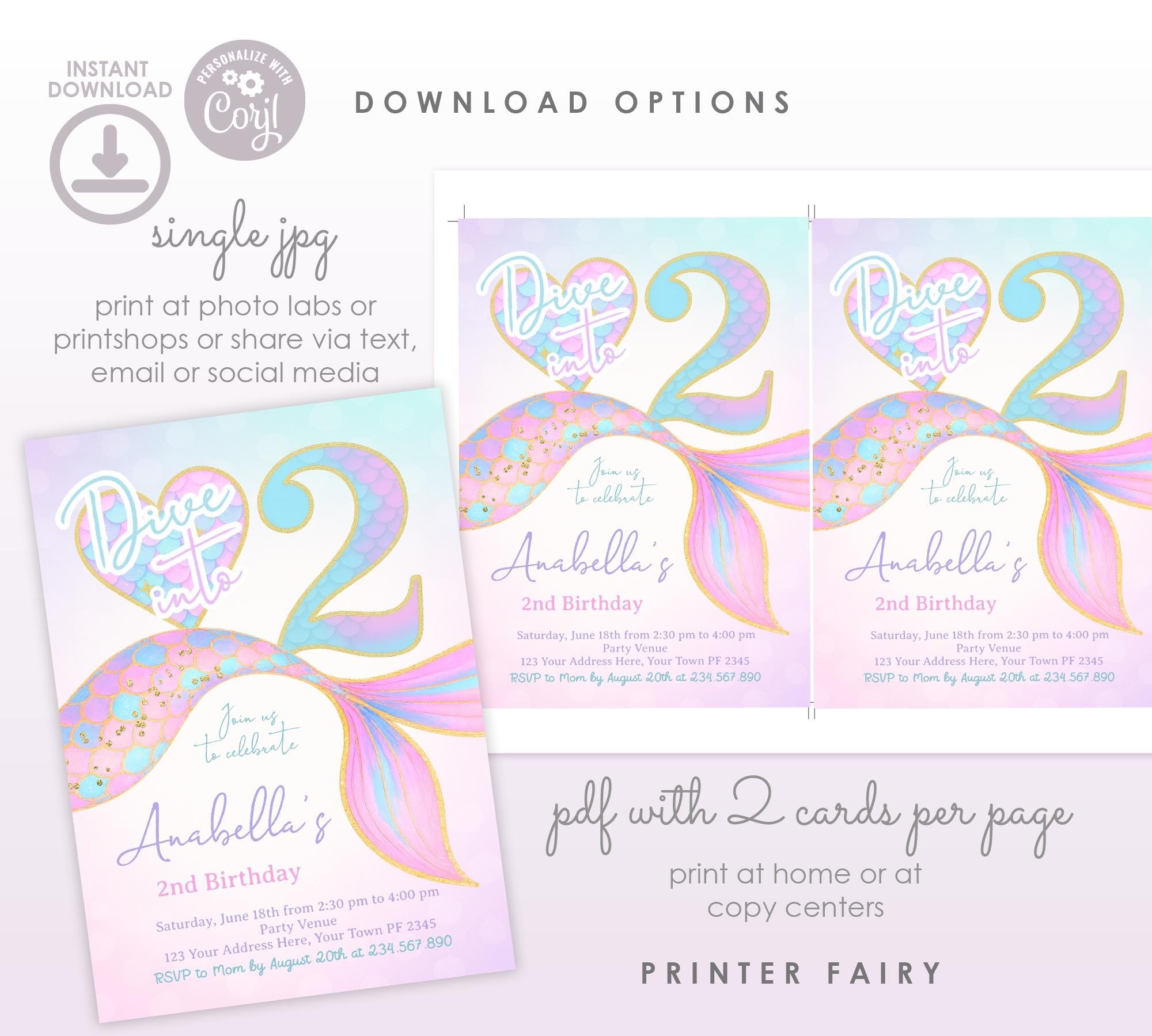 Mermaid 2nd Birthday Invitation, Under the Sea Party (Editable Template, Digital Download)