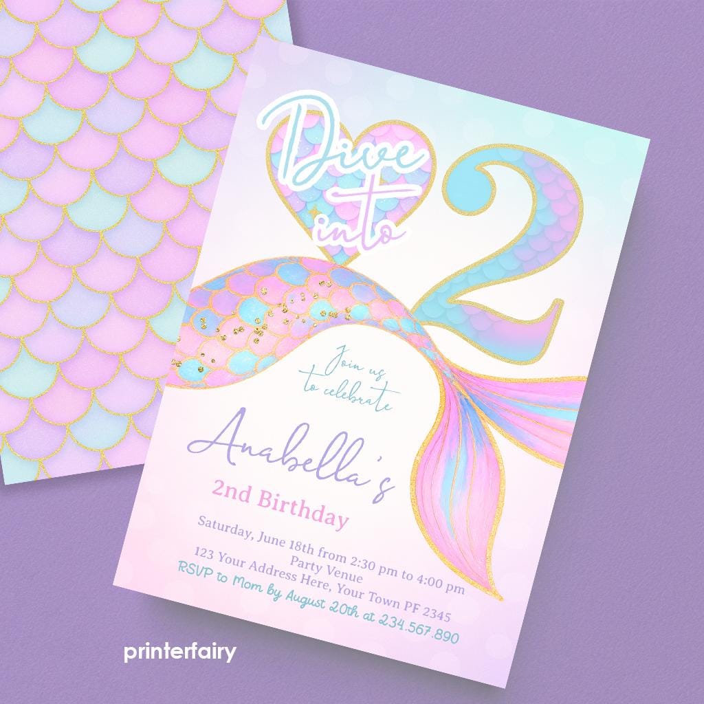 Mermaid 2nd Birthday Invitation, Under the Sea Party (Editable Template, Digital Download)