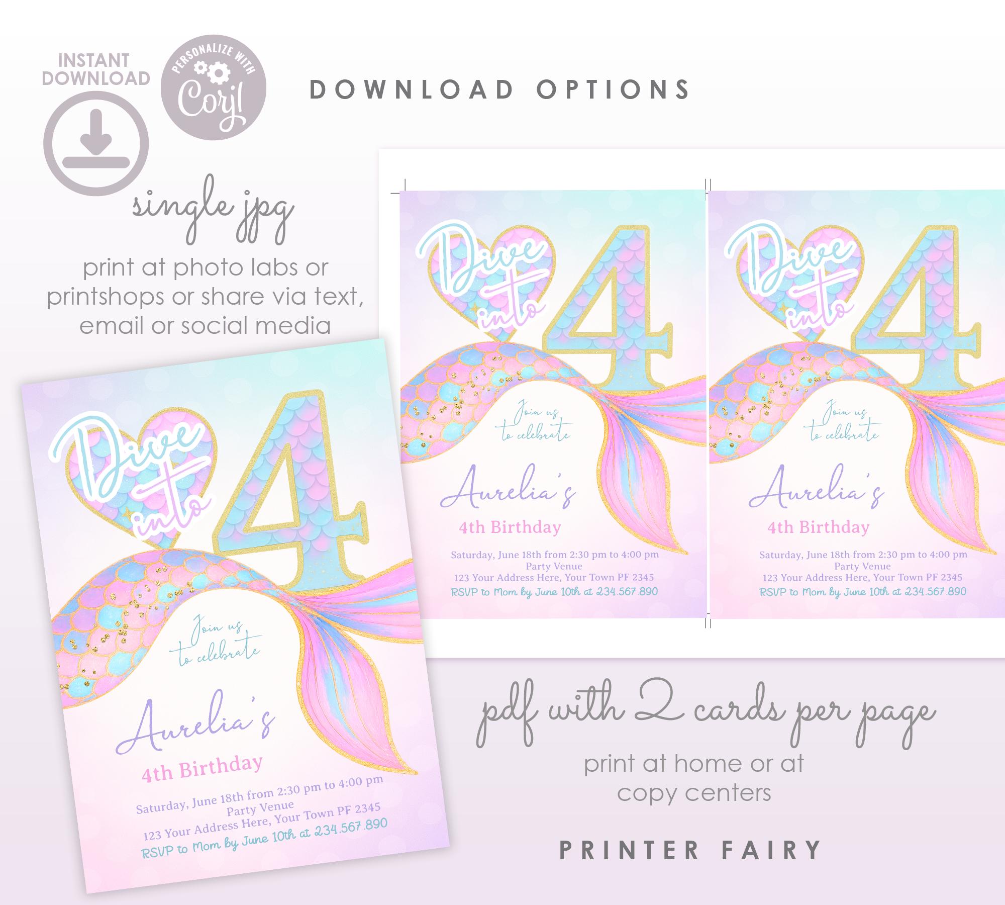 Mermaid 4th Birthday Invitation Editable Template, Under the Sea Party (Digital Download)