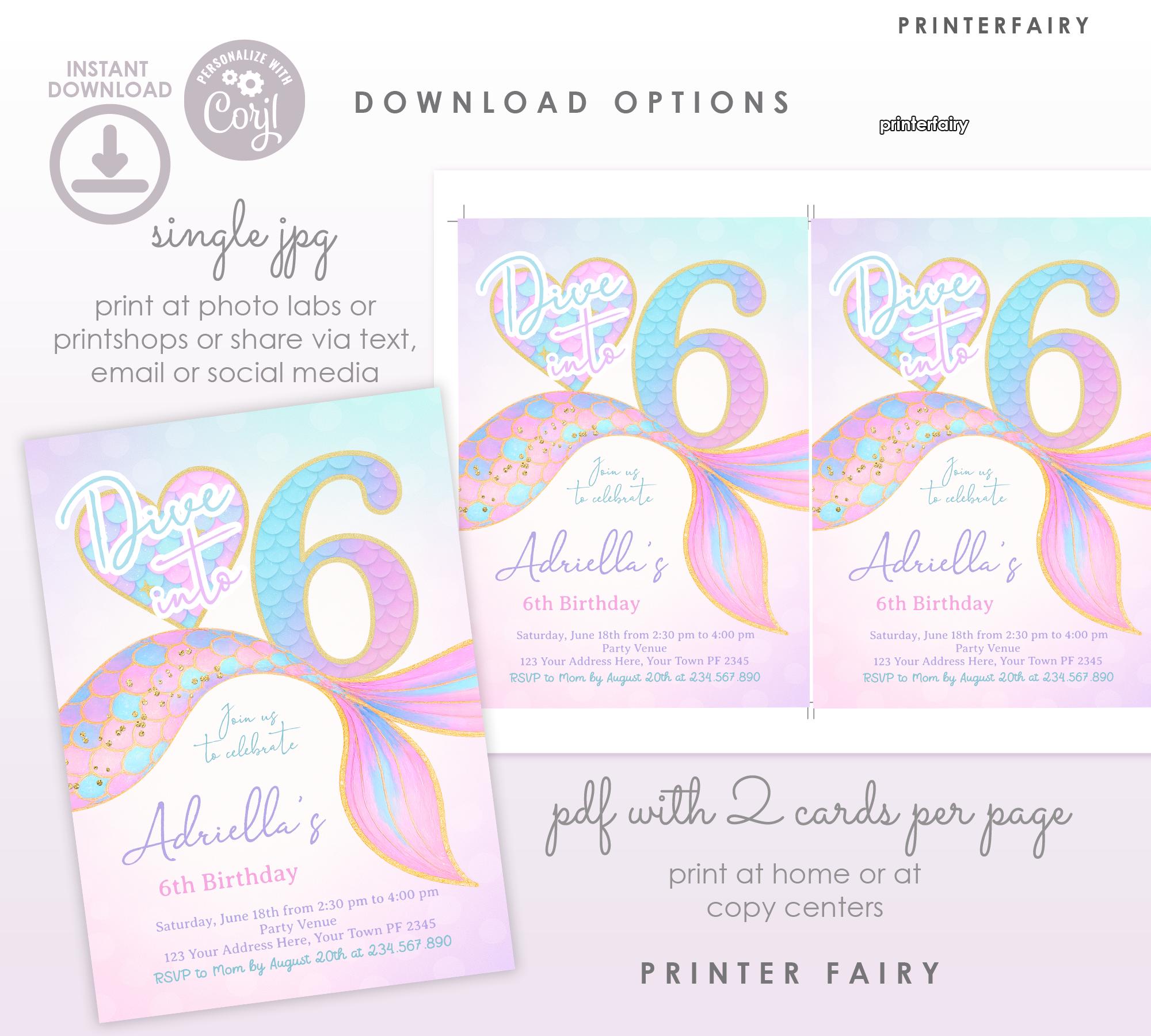 Mermaid 6th Birthday Invitation, Under the Sea Party (Editable Template, Digital Download)