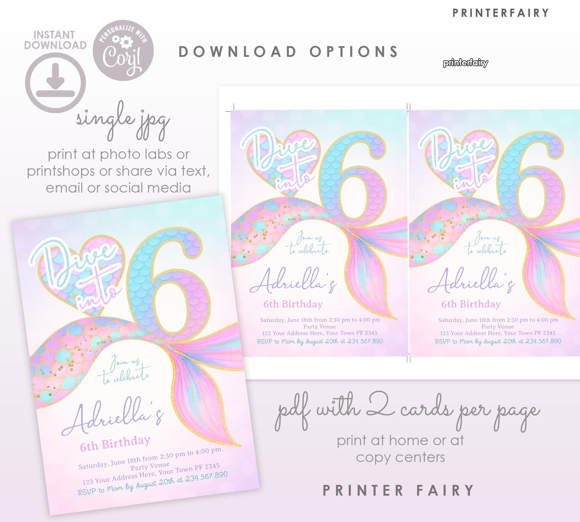 Mermaid 6th Birthday Invitation, Under the Sea Party (Editable Template, Digital Download)