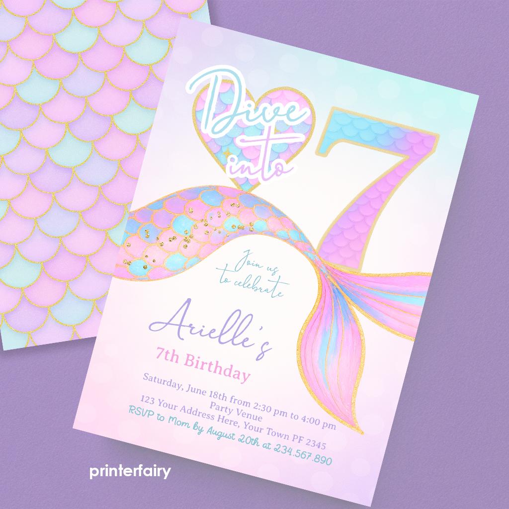 Mermaid 7th Birthday Invitation, Under the Sea Party (Instant Download)