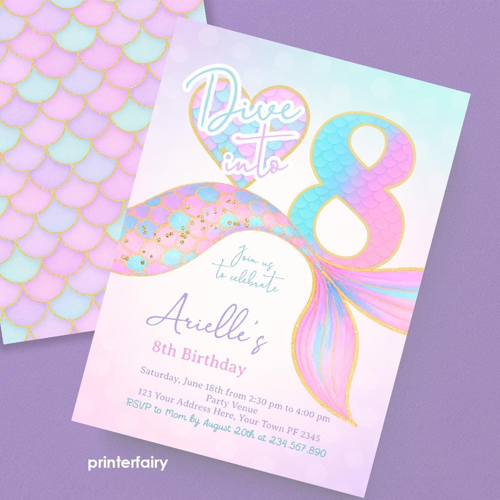 Mermaid 8th Birthday Invitation, Under the Sea Party (Editable Template, Digital Download)
