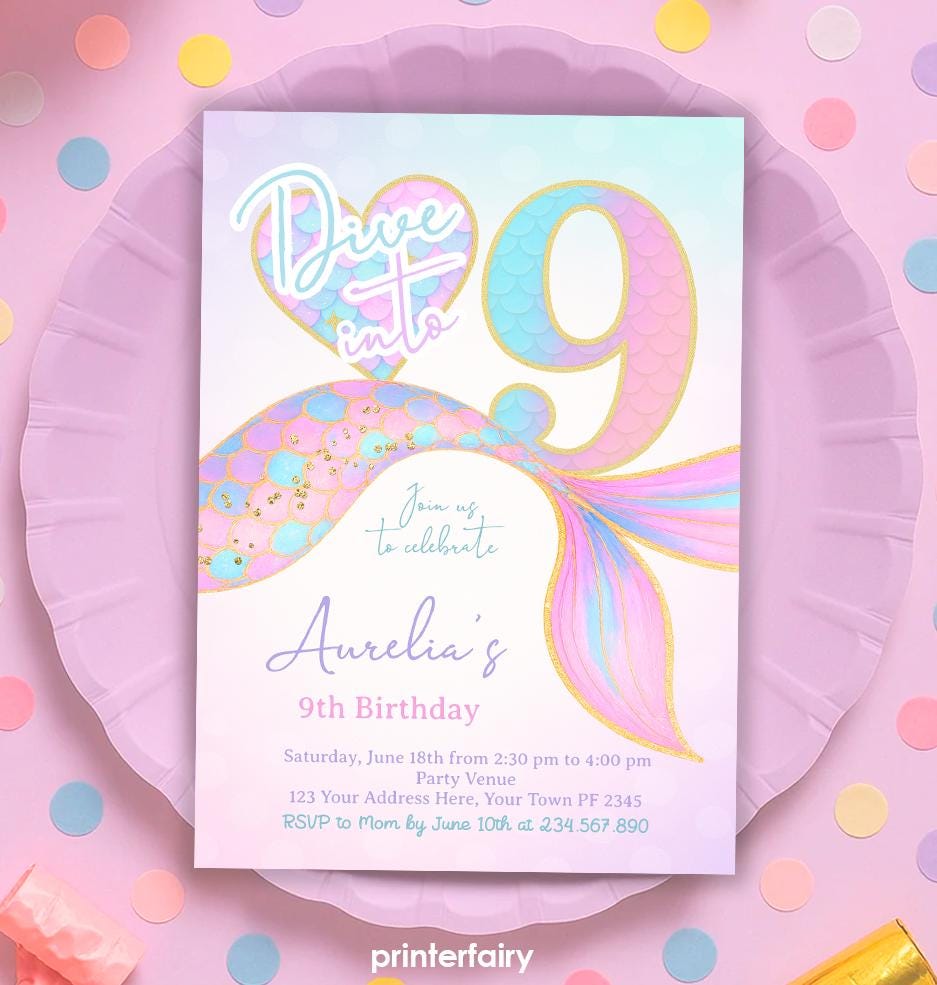 Mermaid 9th Birthday Invitation, Under the Sea Party (Editable Template, Digital Download)