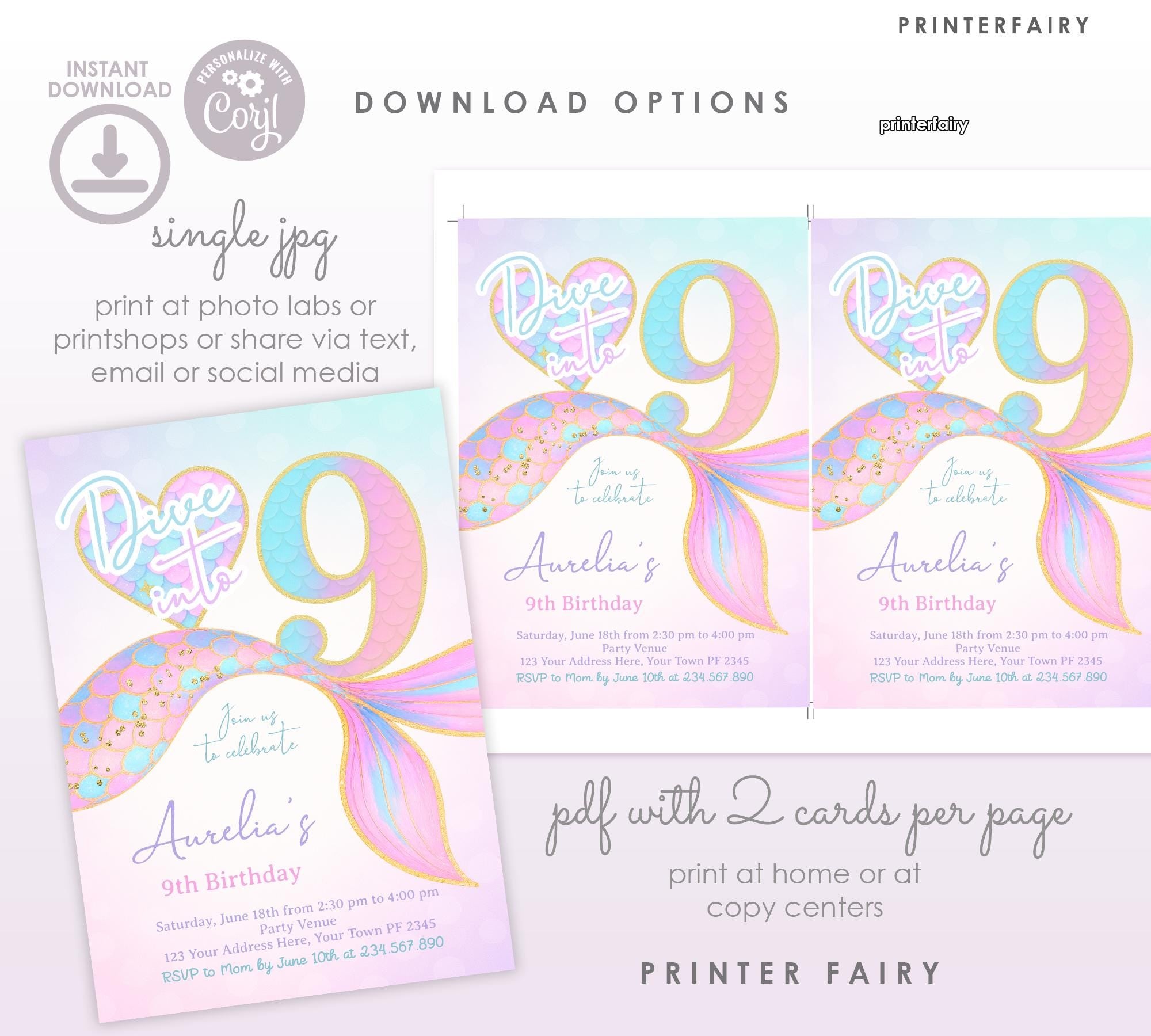 Mermaid 9th Birthday Invitation, Under the Sea Party (Editable Template, Digital Download)