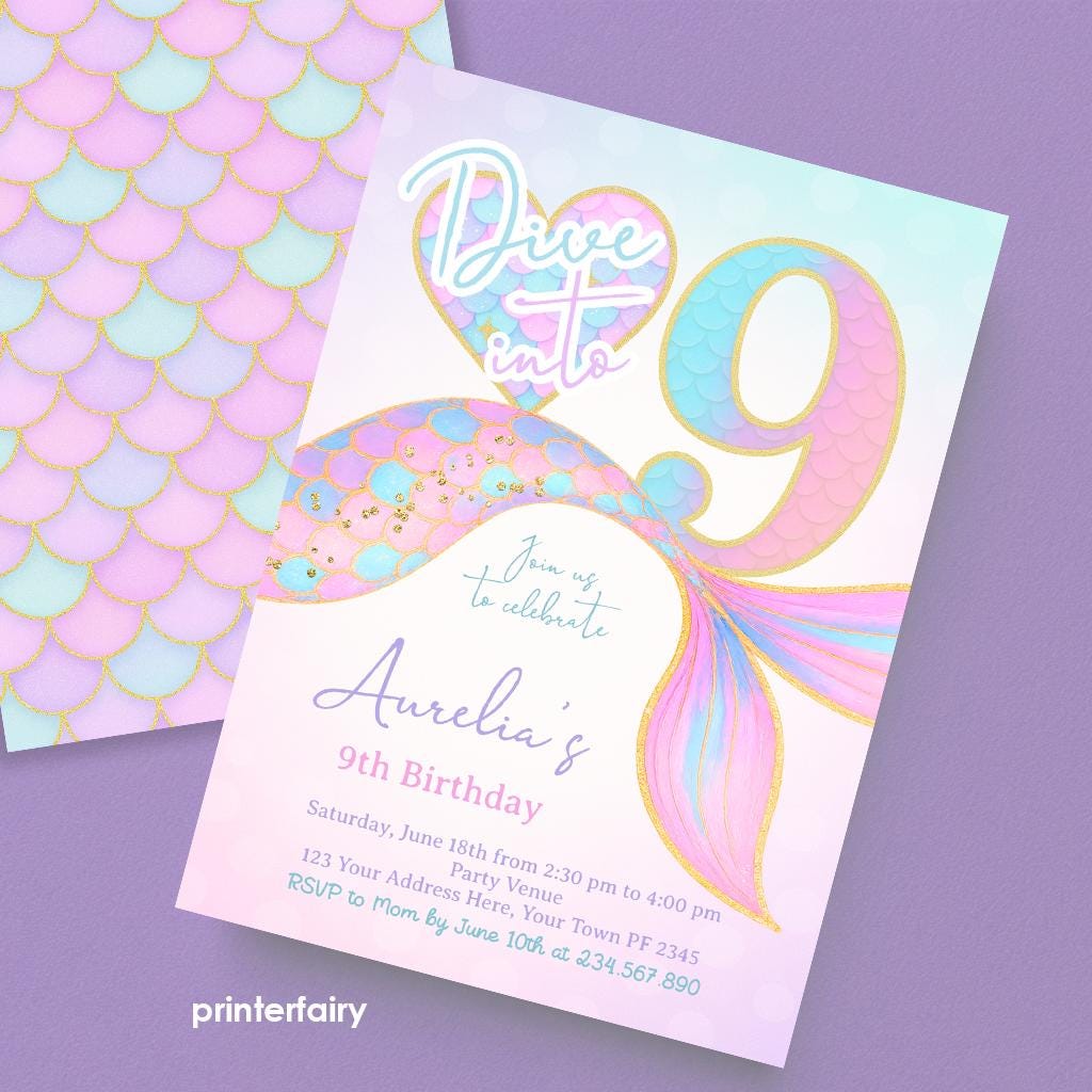 Mermaid 9th Birthday Invitation, Under the Sea Party (Editable Template, Digital Download)