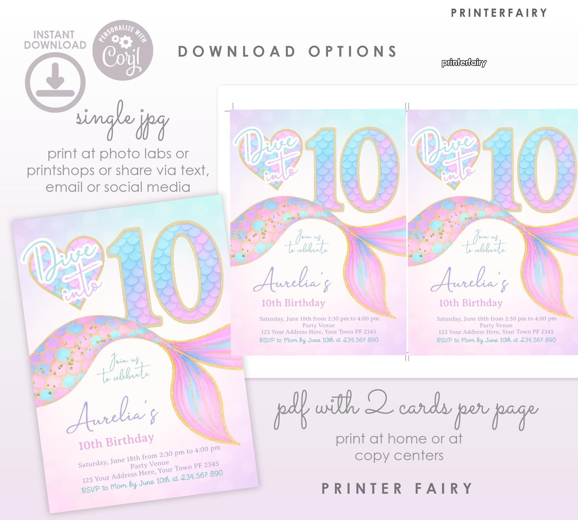 Mermaid 10th Birthday Invitation Template, Under the Sea Party (Digital Download)