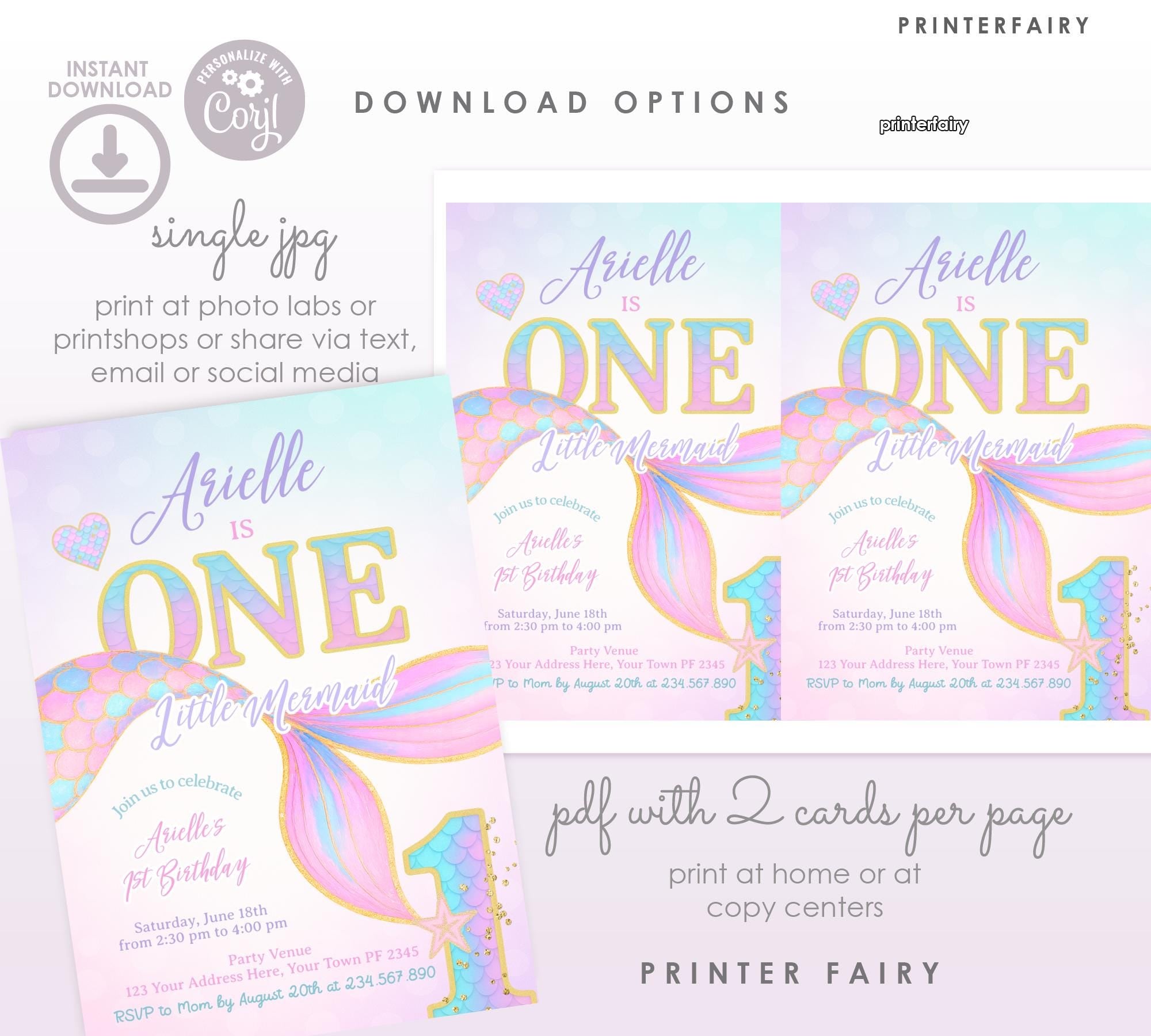 Mermaid 1st Birthday Invitation, Under the Sea Party (Digital Download)