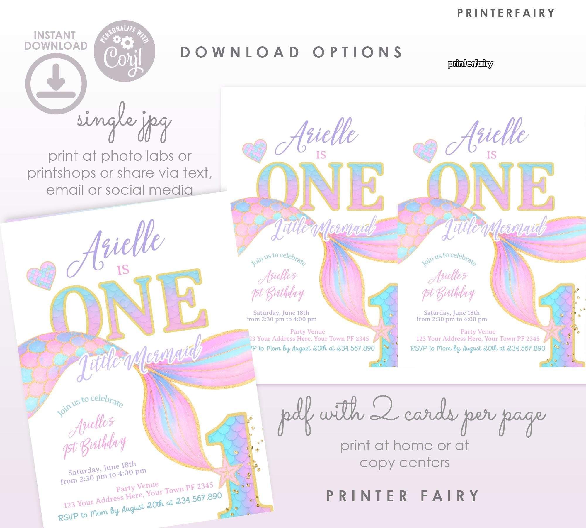 Mermaid 1st Birthday Invitation Template, Under the Sea Party (Digital Download)