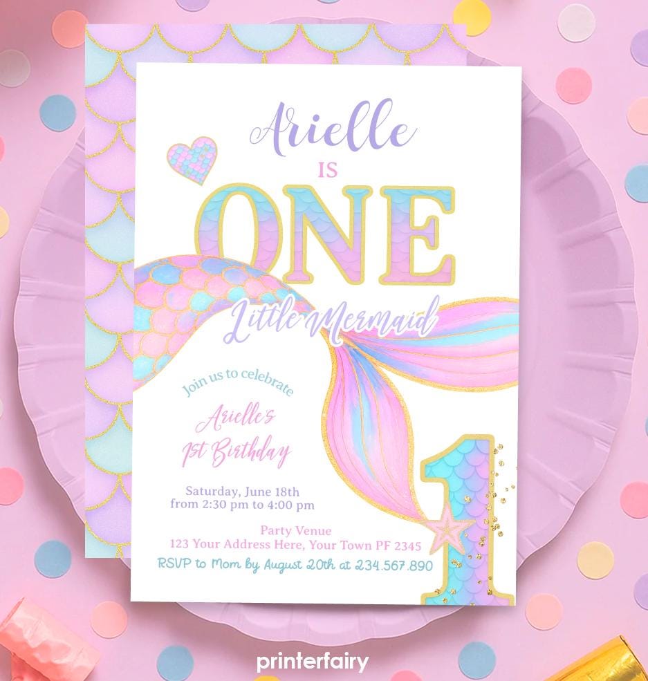 Mermaid 1st Birthday Invitation Template, Under the Sea Party (Digital Download)