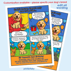 Personalized Royal Dog Birthday Invitation, Comic Pawty Theme (Digital)