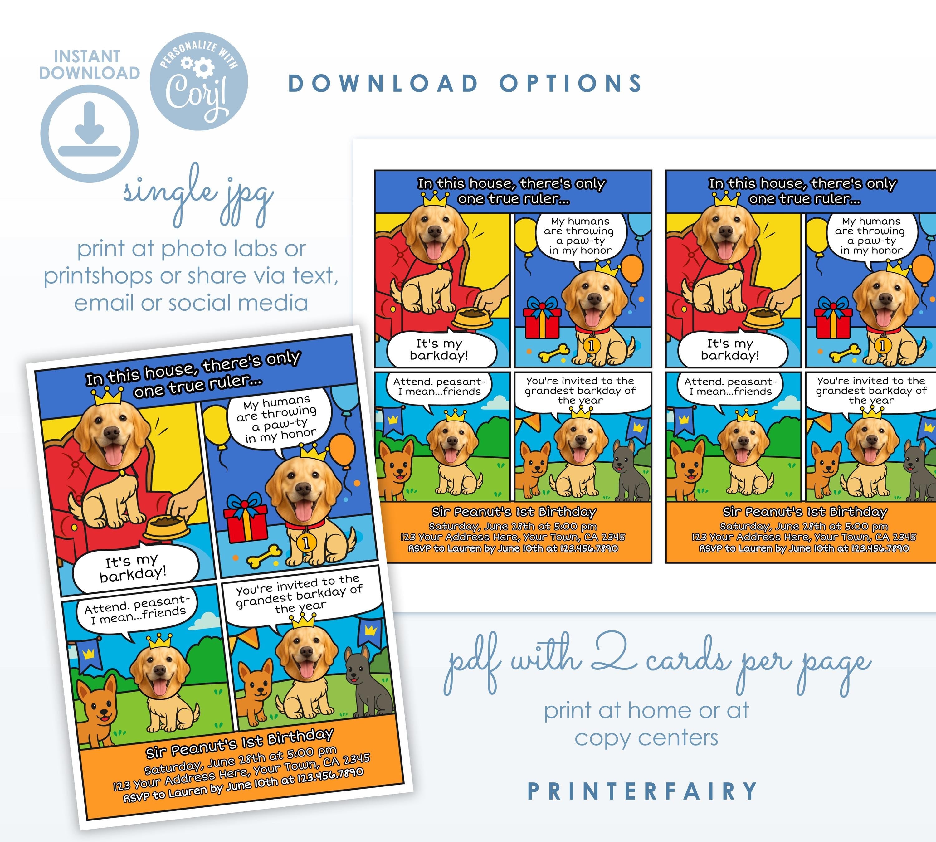 Personalized Royal Dog Birthday Invitation, Comic Pawty Theme (Digital)