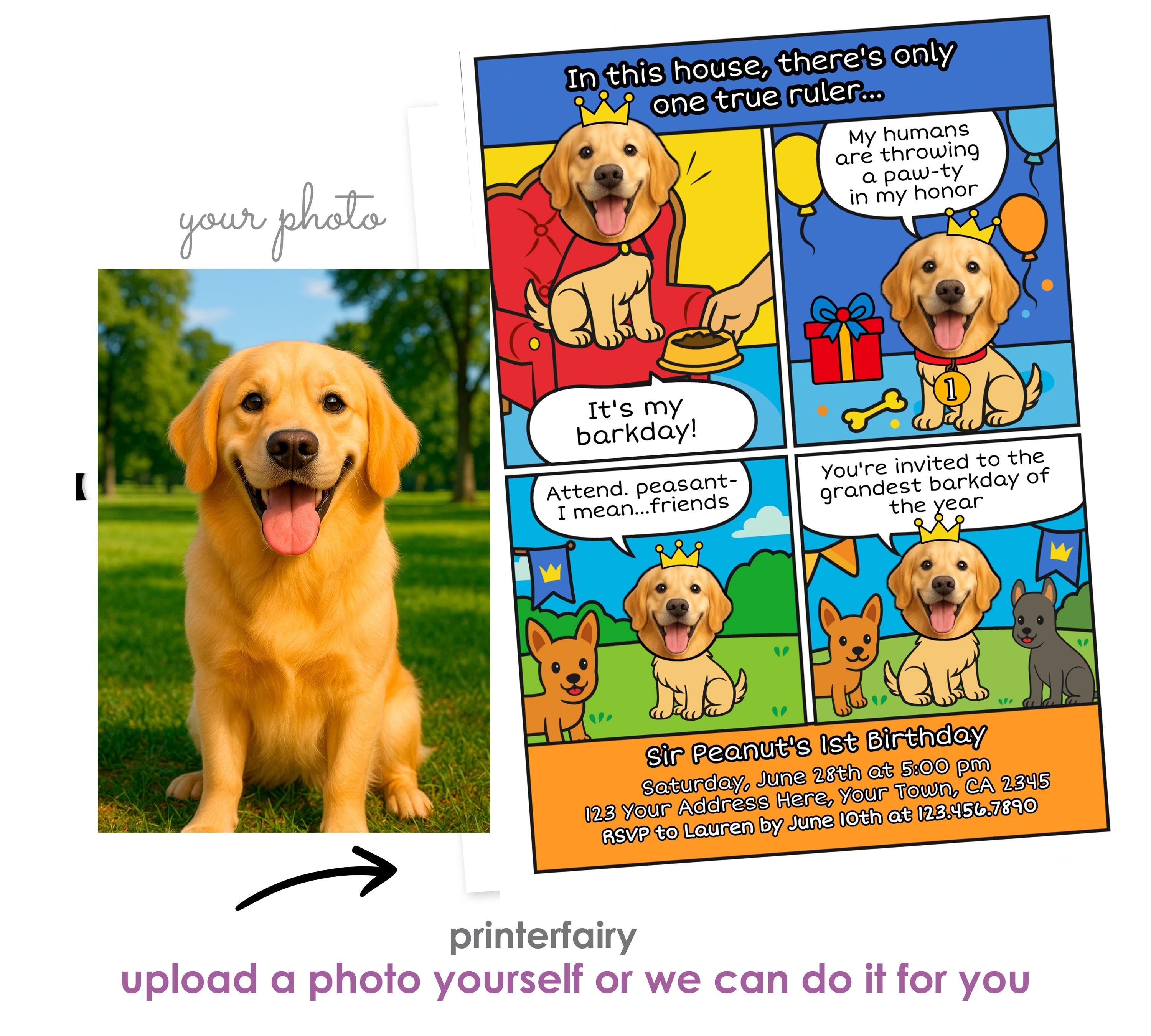 Personalized Royal Dog Birthday Invitation, Comic Pawty Theme (Digital)