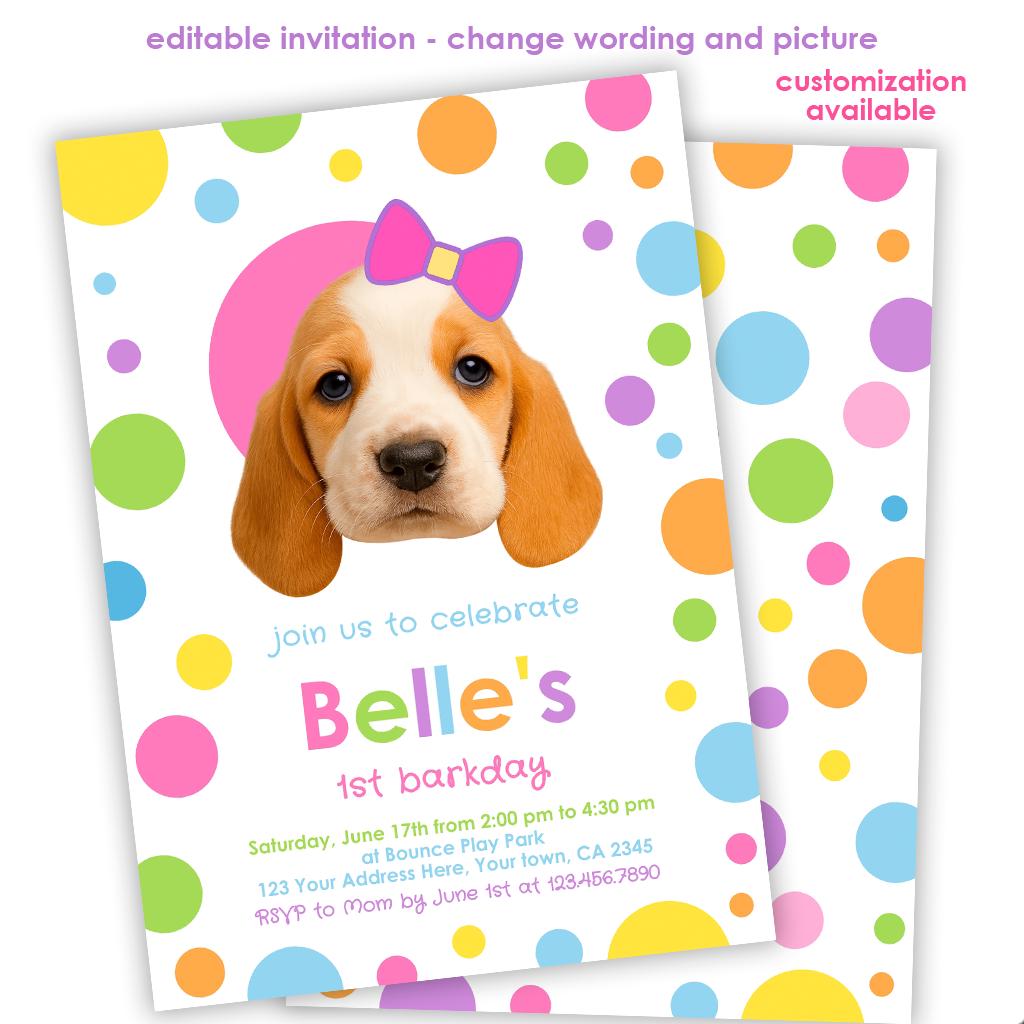 Dog Birthday Invitation with Photo, Primary Colors (Editable Template)