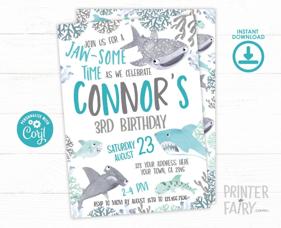 Shark Birthday Party Bundle (Digital Download) – Editable Invitation, Banner, Signs