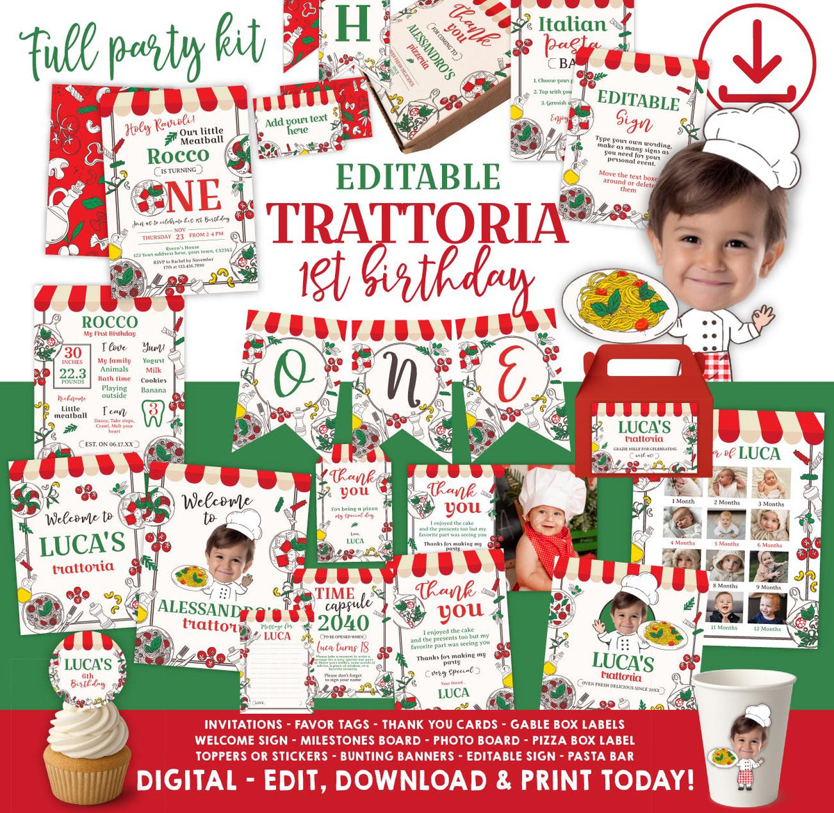 Little Meatball 1st Birthday Party Kit, Italian Theme (Editable, Instant Download)