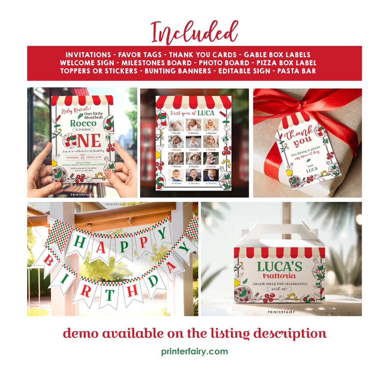 Little Meatball 1st Birthday Party Kit, Italian Theme (Editable, Instant Download)