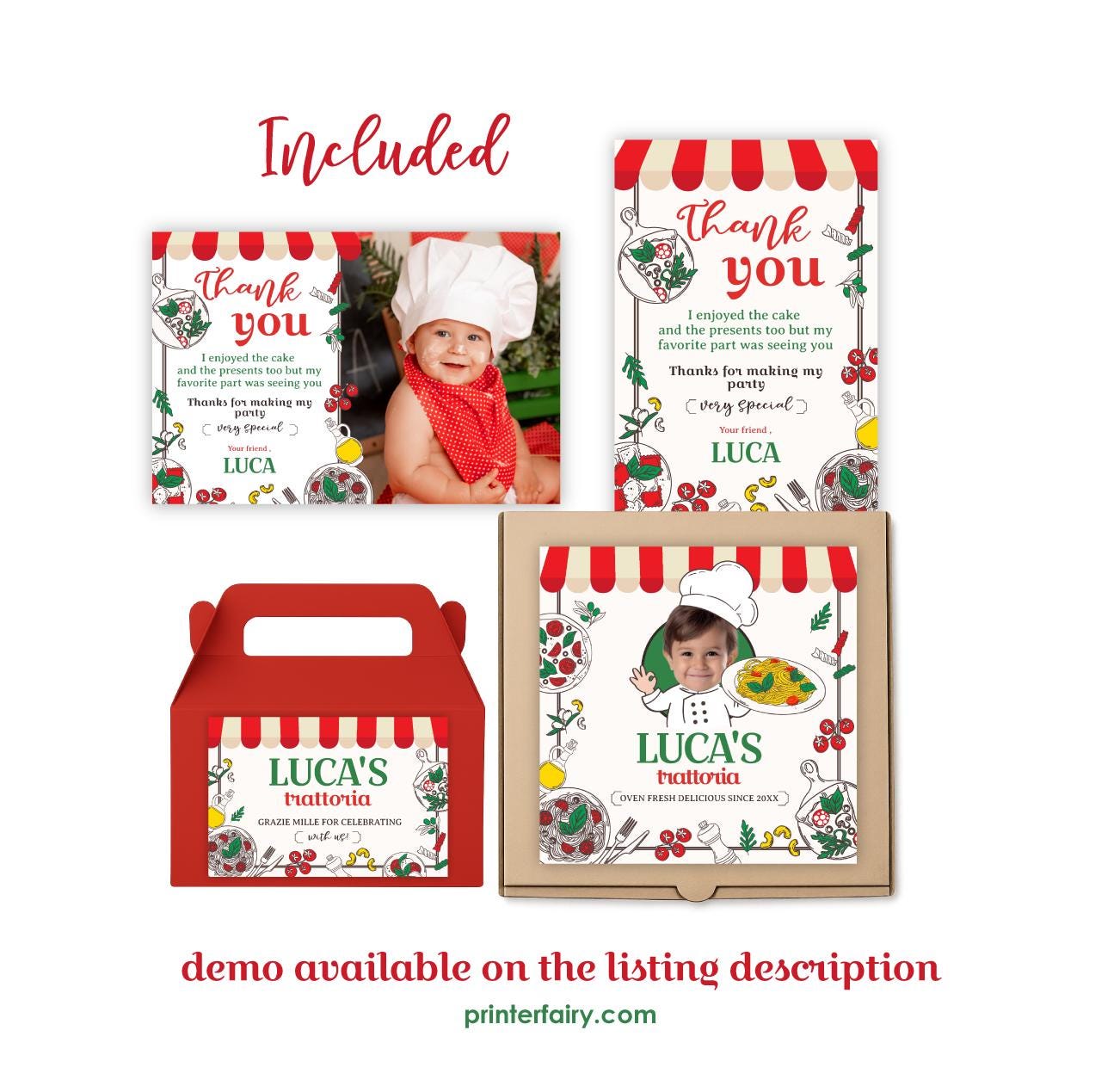 Little Meatball 2nd Birthday Party Kit, Italian Pizza (Editable Template)