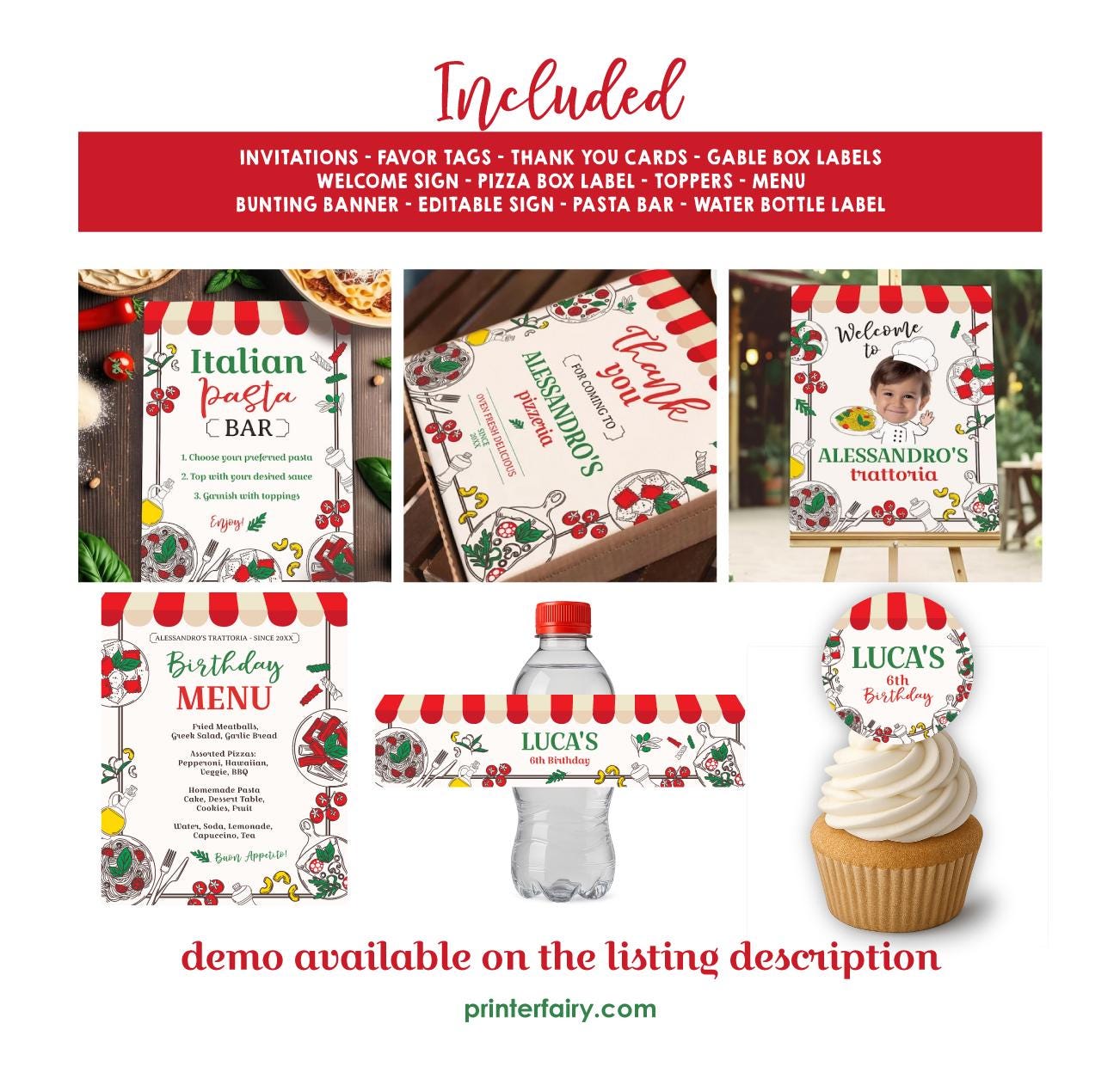 Little Meatball 2nd Birthday Party Kit, Italian Pizza (Editable Template)
