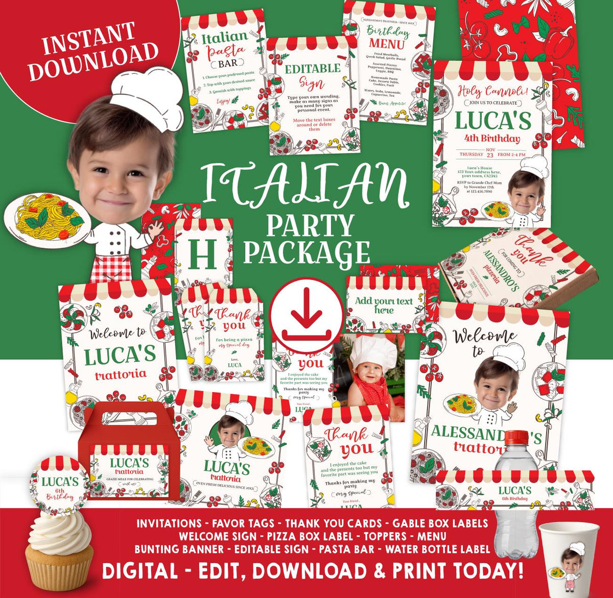 Italian Trattoria Birthday Party Kit, Editable Template (Instant Download)