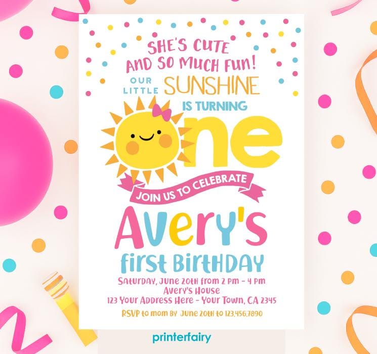 Little Sunshine First Birthday Invitation, Editable Template (Digital Download)