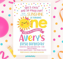 Little Sunshine First Birthday Invitation, Editable Template (Digital Download)