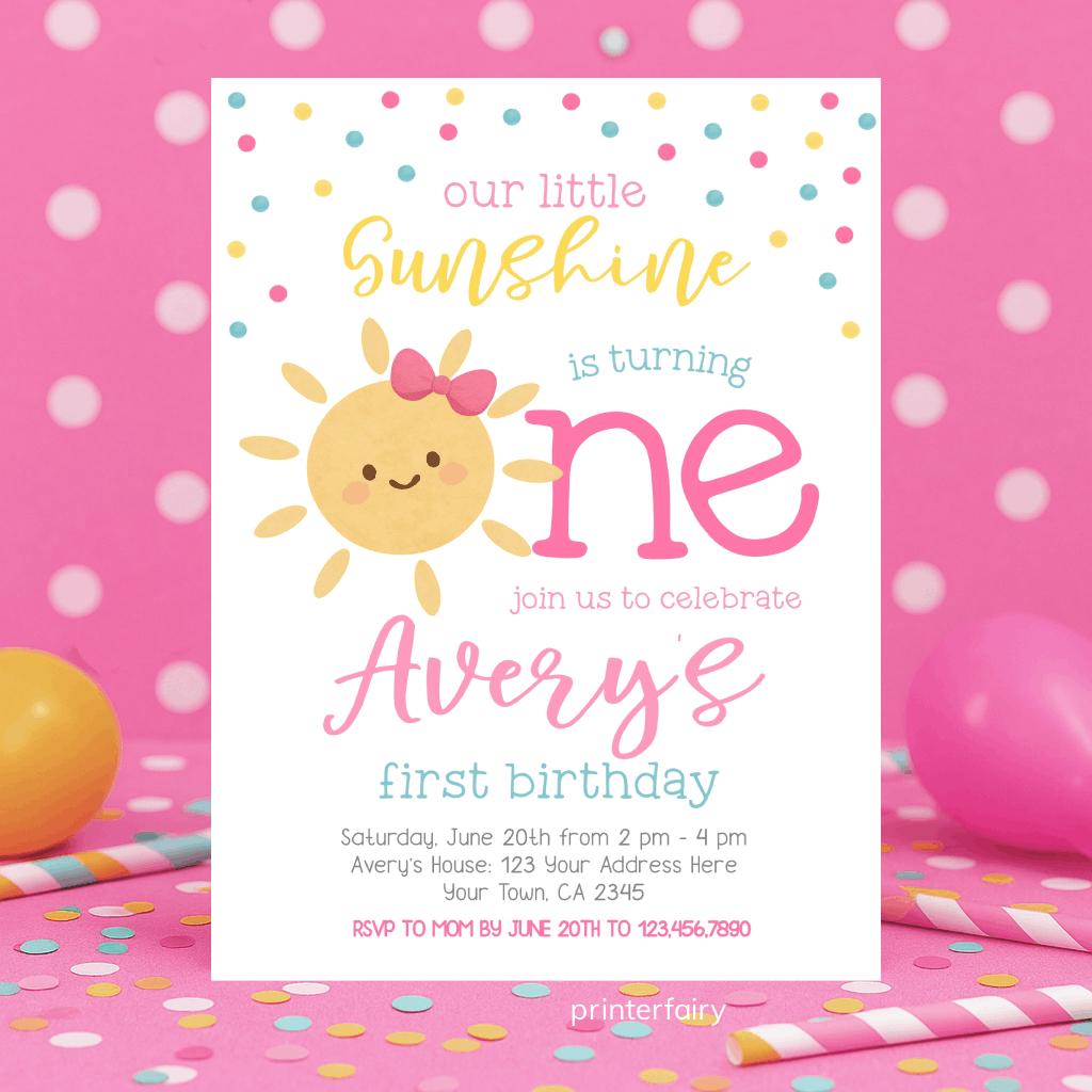 Little Sunshine Birthday Invitation, Girl 1st Birthday (Editable Template)