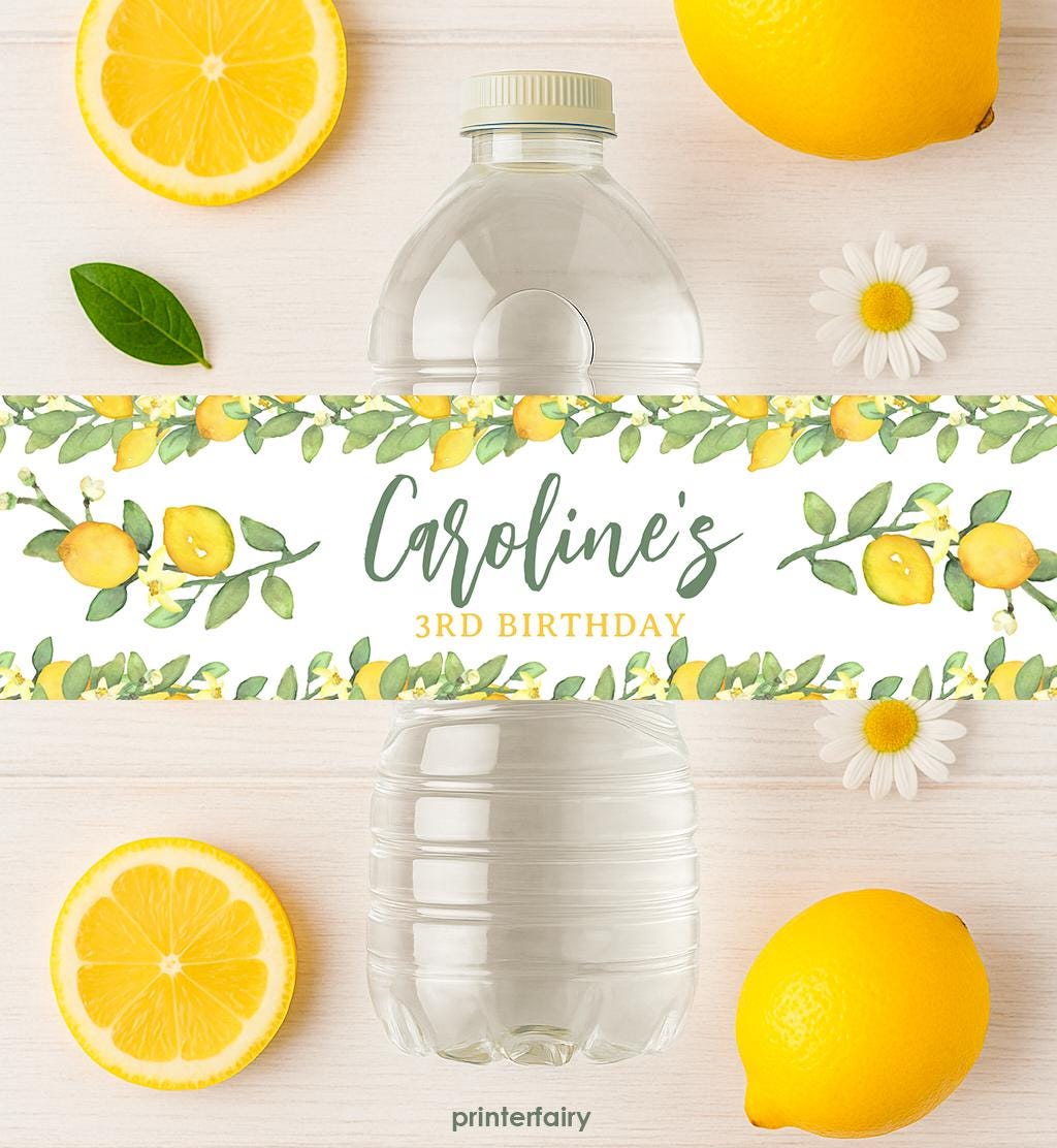 Lemon Birthday Party Water Bottle Labels, Editable Citrus Label (Instant Download)
