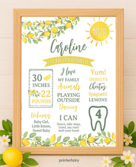 Lemon 1st Birthday Milestone Board, Citrus Party Decor (Editable, Instant Download)