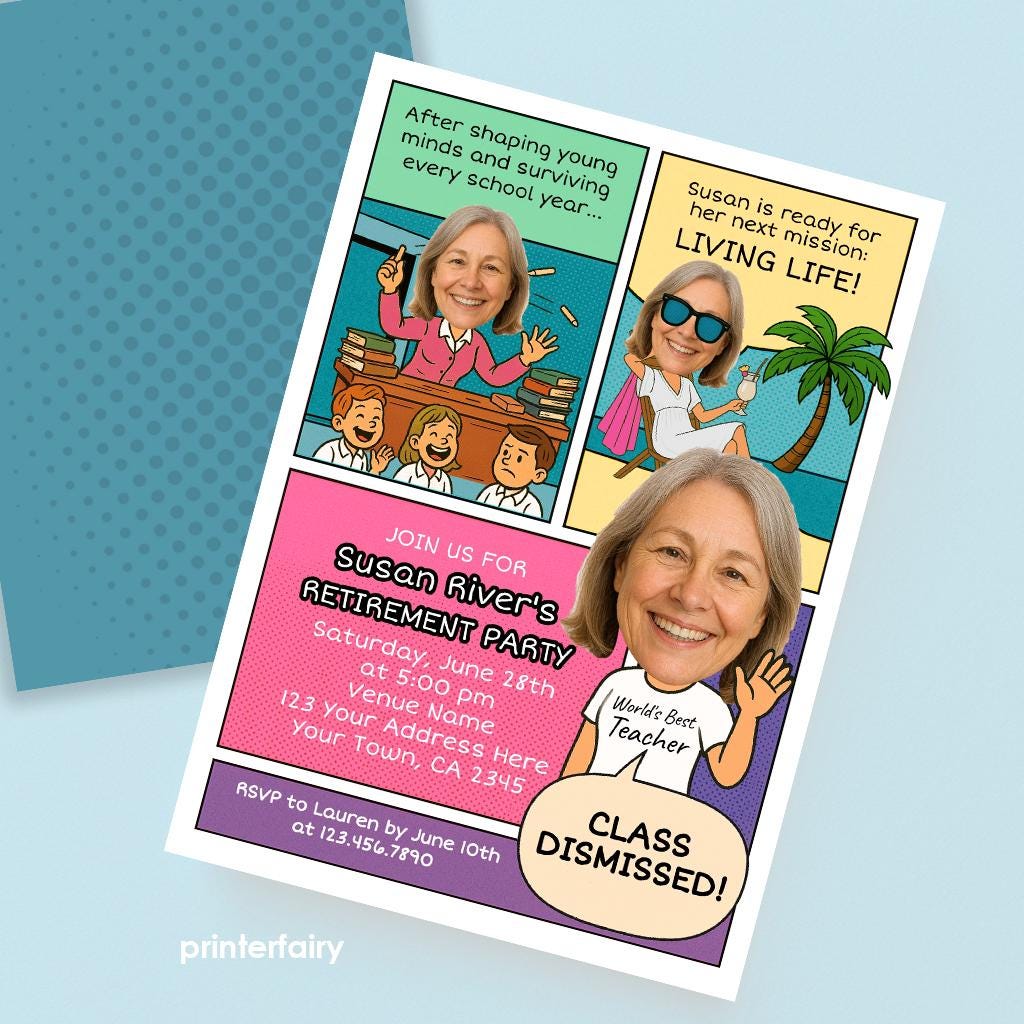 Comic Teacher Retirement Party Invitation, Photo Template (Instant Download)