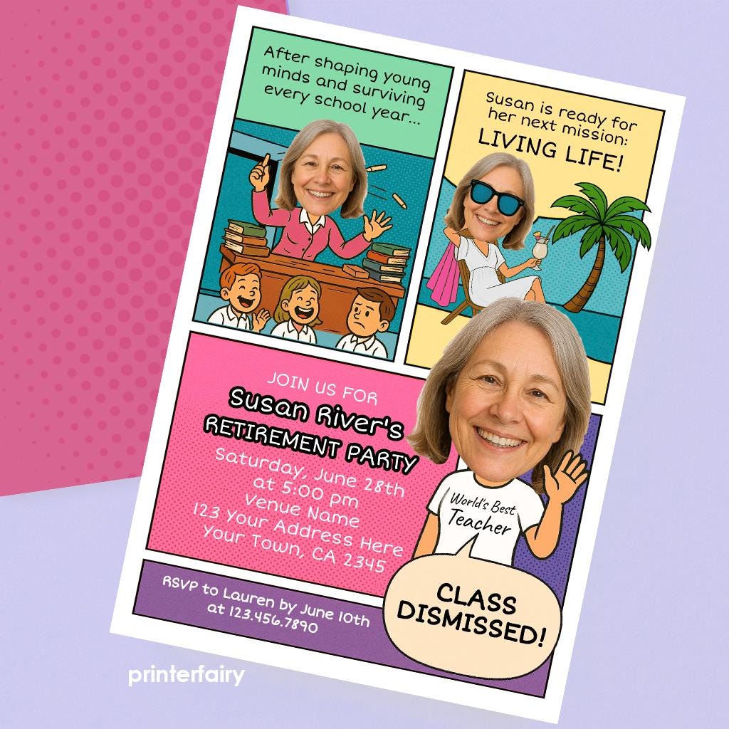 Comic Teacher Retirement Party Invitation, Photo Template (Instant Download)