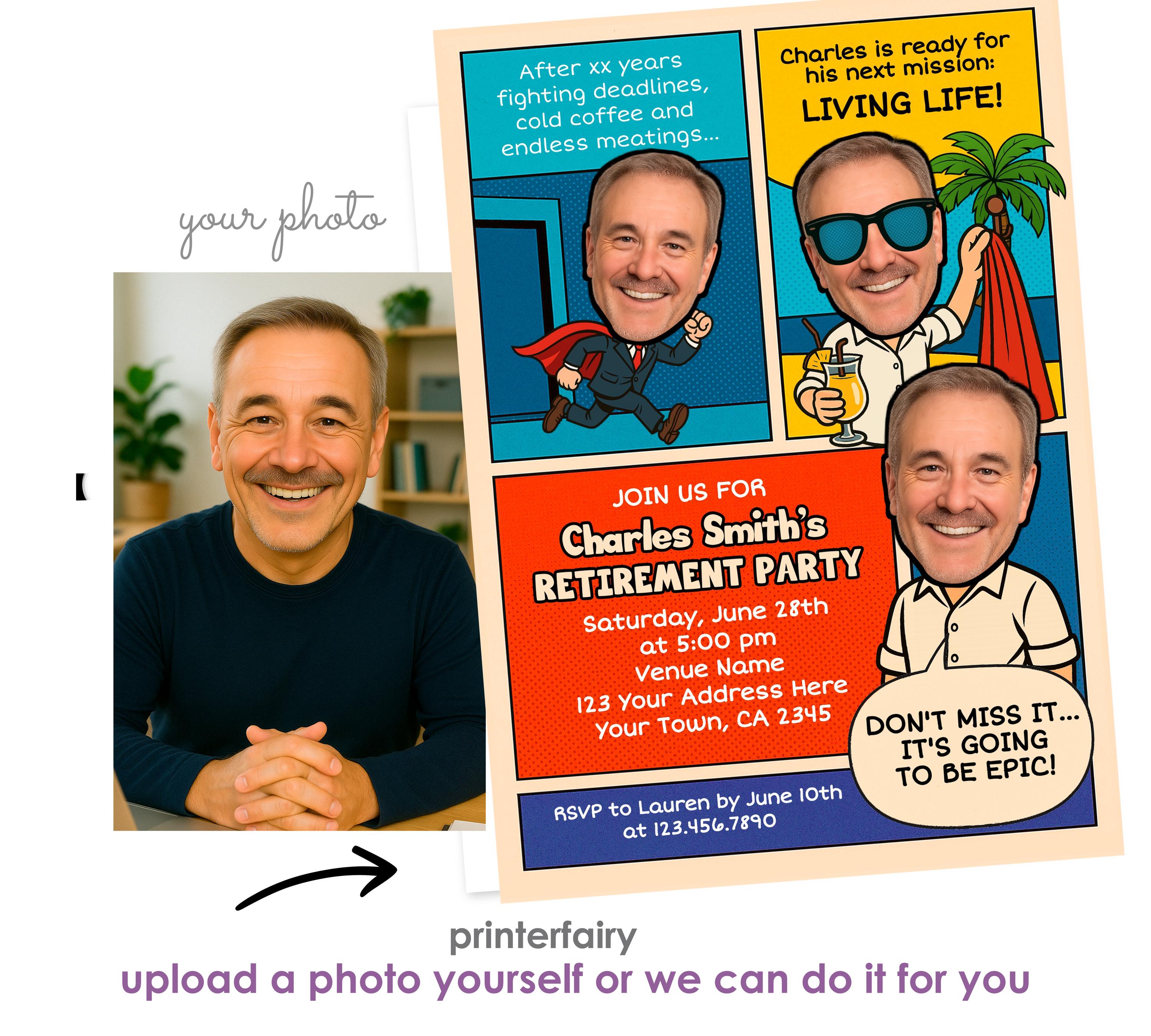 Comic Book Retirement Party Invitation, Photo Template (Digital Download)