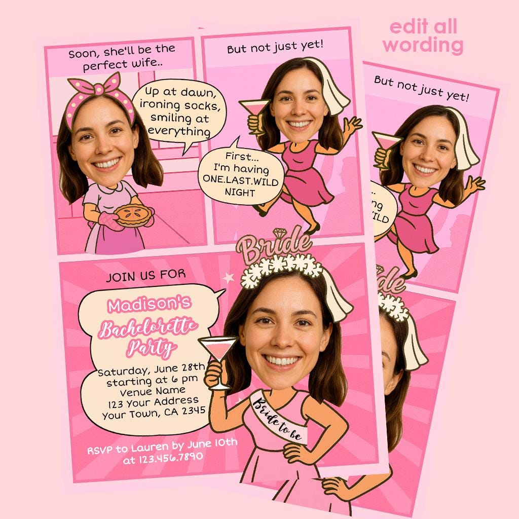 Comic Bachelorette Party Invitation with Photo, Editable Template (Digital Download)