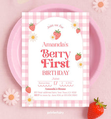 Strawberry First Birthday Invitation, Sweet One, Editable Template (INSTANT DOWNLOAD)