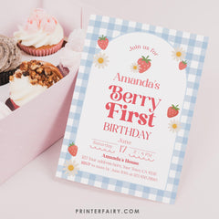 Strawberry First Birthday Invitation, Sweet One Theme (EDITABLE Digital Download)