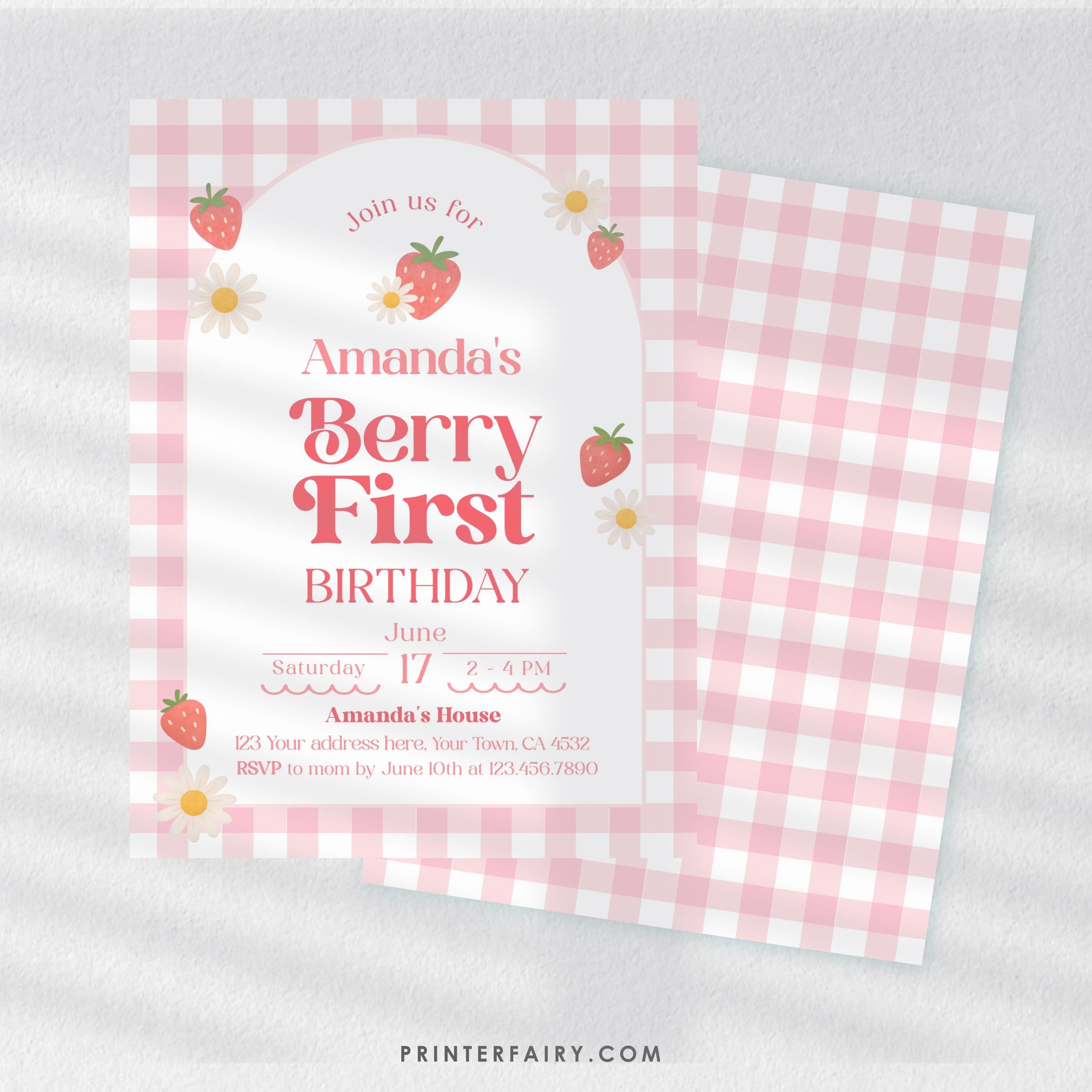Strawberry First Birthday Invitation, Sweet One, Editable Template (INSTANT DOWNLOAD)