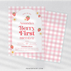 Strawberry First Birthday Invitation, Sweet One, Editable Template (INSTANT DOWNLOAD)