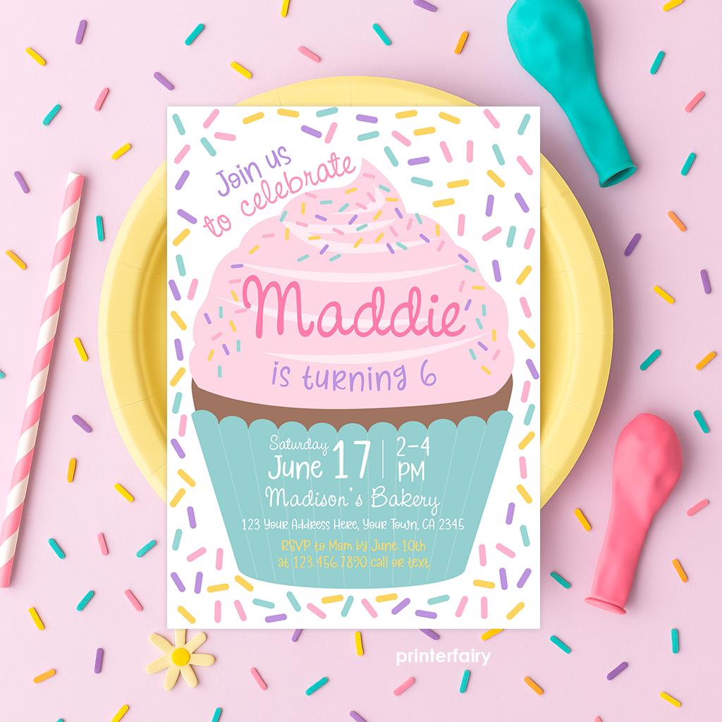 Editable Cupcake Birthday Invitation Template, Sprinkle Design (Instant Download)