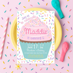 Editable Cupcake Birthday Invitation Template, Sprinkle Design (Instant Download)
