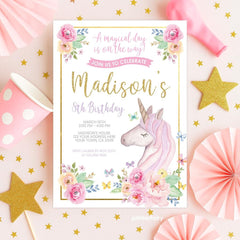 Floral Unicorn Birthday Invitation, Editable Template (Digital Download)