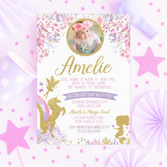 Unicorn Mermaid Birthday Invitation, Floral Photo, Editable (Digital)