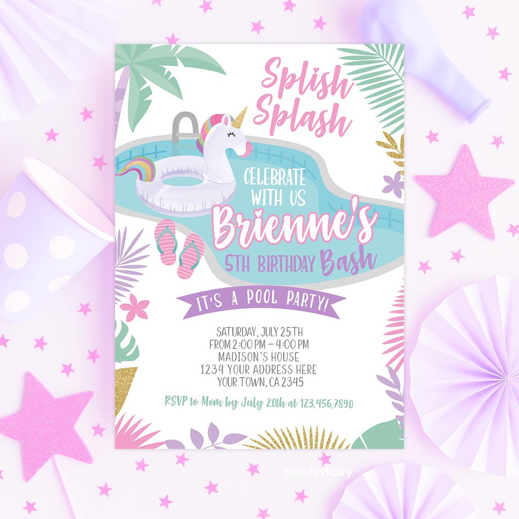 Unicorn Pool Party Invitation, Editable Summer Birthday (Instant Download)